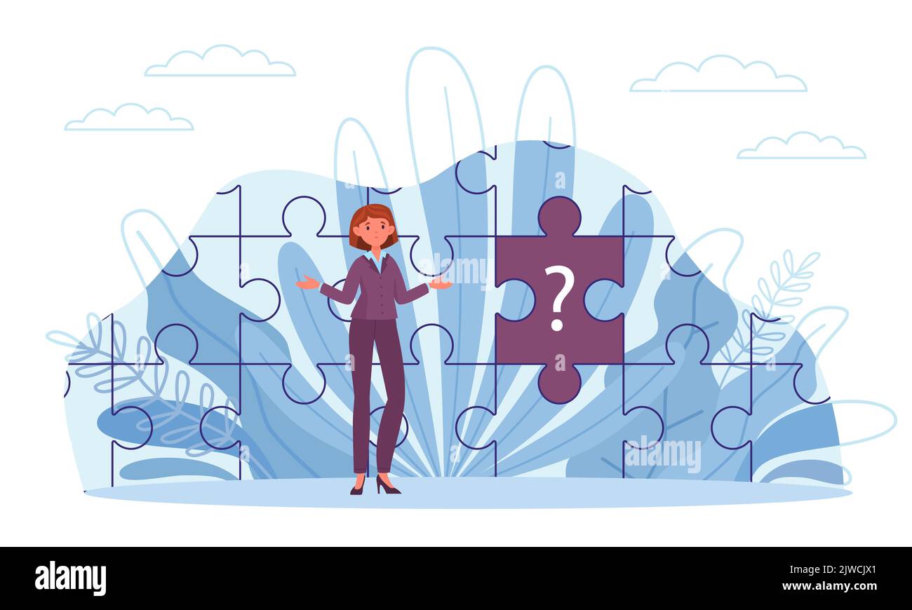 Incompleteness of picture, missing part, question sign. Woman collects puzzle, unsolved problem, find lost element to complete, unfinished work Stock Vector