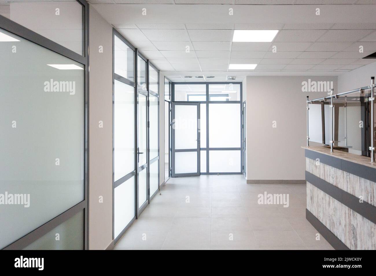 Stylish minimalist office corridor with empty receptions in modern coworking center. Interior of bright corridor with large matte plastic doors and wi Stock Photo