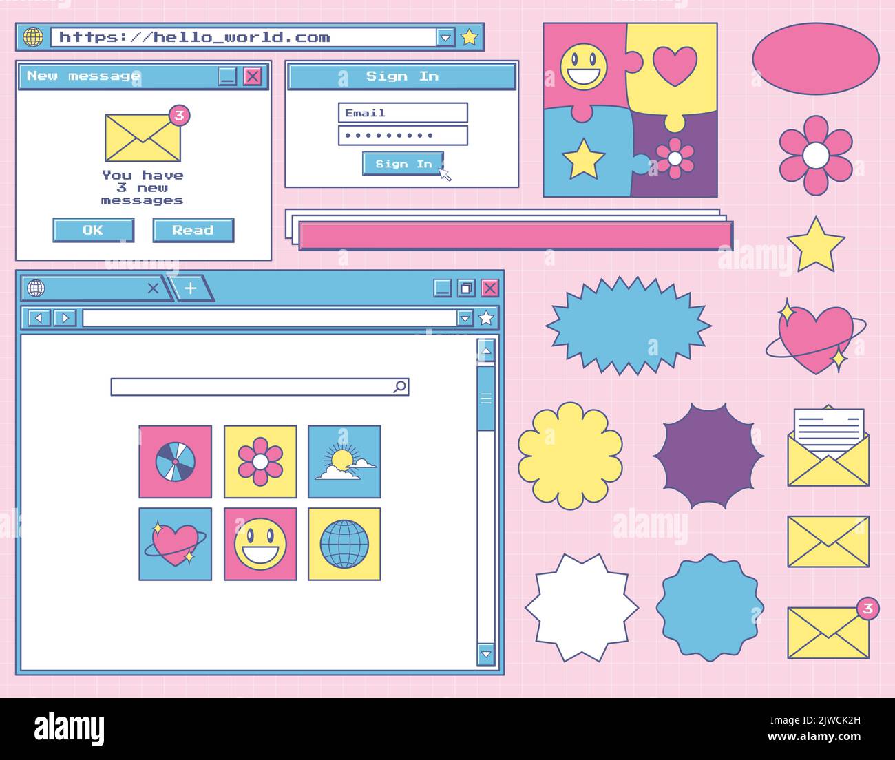 Set of various user interface elements and stickers. Nostalgic retro y2k old computer style. Web browser window, new notification message, search bar, Stock Vector