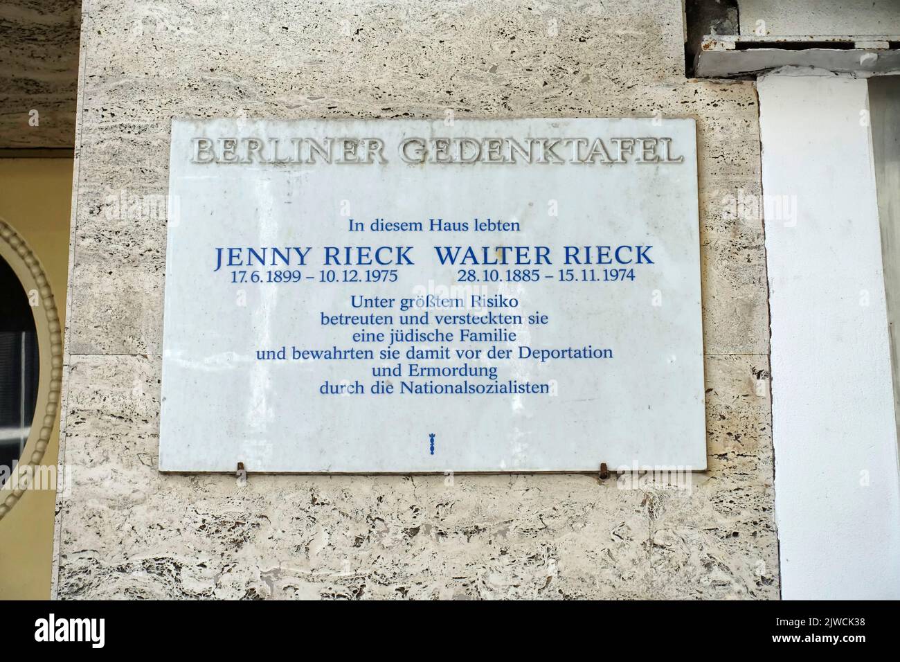 Memorial plaque of Jenny Rieck and Walter Rieck, Berlin, Germany Stock Photo