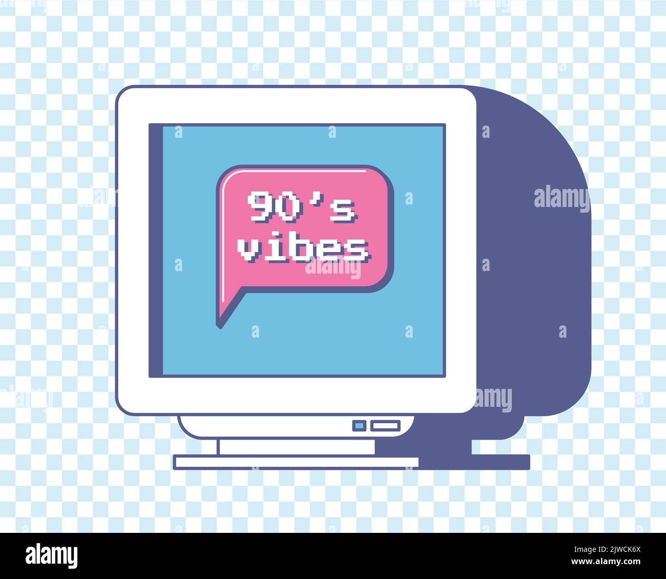 Cute vintage retro computer monitor with a speech bubble on screen. Words - 90s vibes. Nostalgic aesthetics of an old computer. Vector illustration on Stock Vector