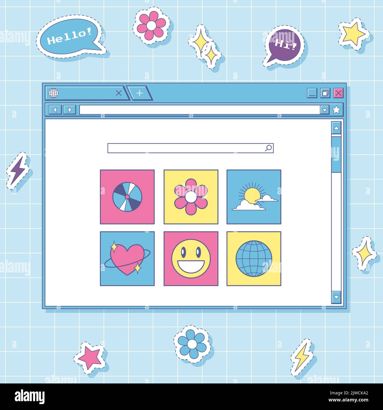 A browser window with a search bar. Retro style user interface. Aesthetics of an old computer. Template for social networks Y2k stickers with flowers, Stock Vector
