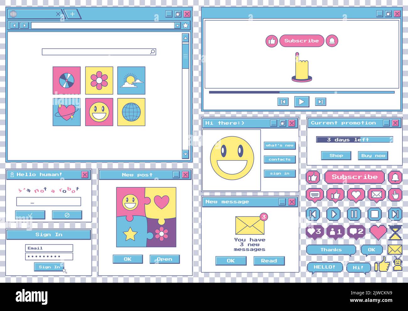 Big set of retro desktop browser and dialog windows. Cute 80s 90s old computer user interface elements and vintage aesthetic icons. Nostalgic retro op Stock Vector