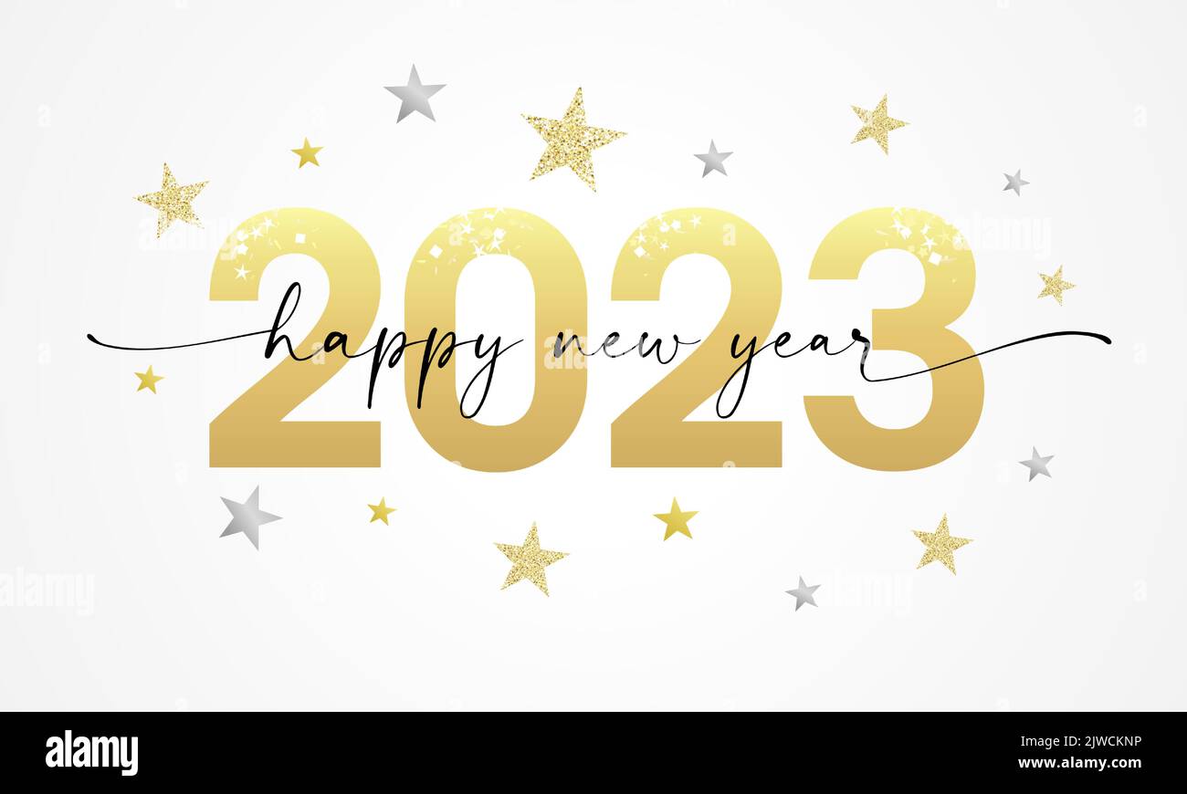 Happy New Year 2023 lettering script and golden glitter of stars. Number 20 23 design template. 2023 happy new year symbols. Creative vector template Stock Vector