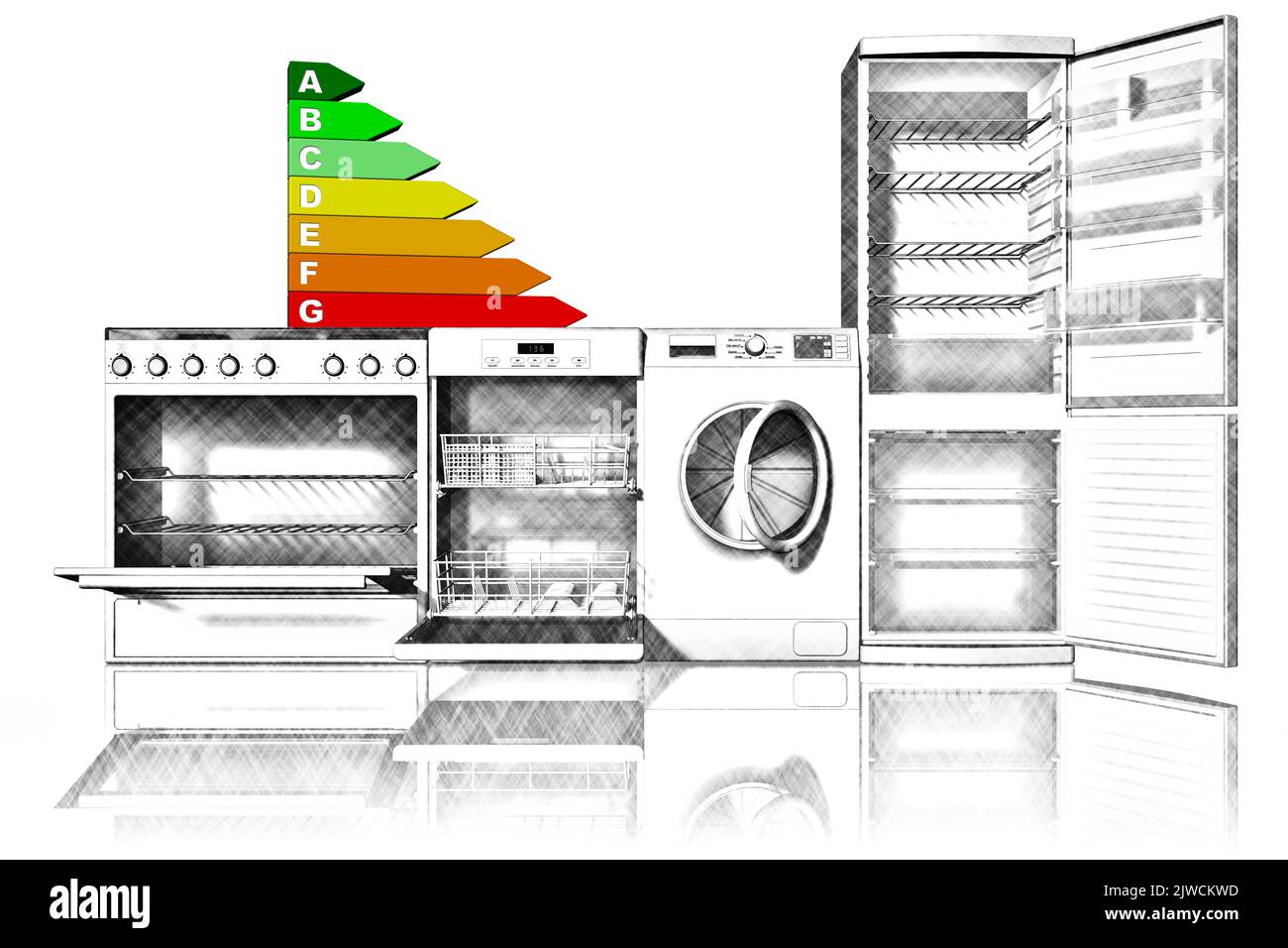3D illustration. Appliances. Stove, dishwasher, washing machine