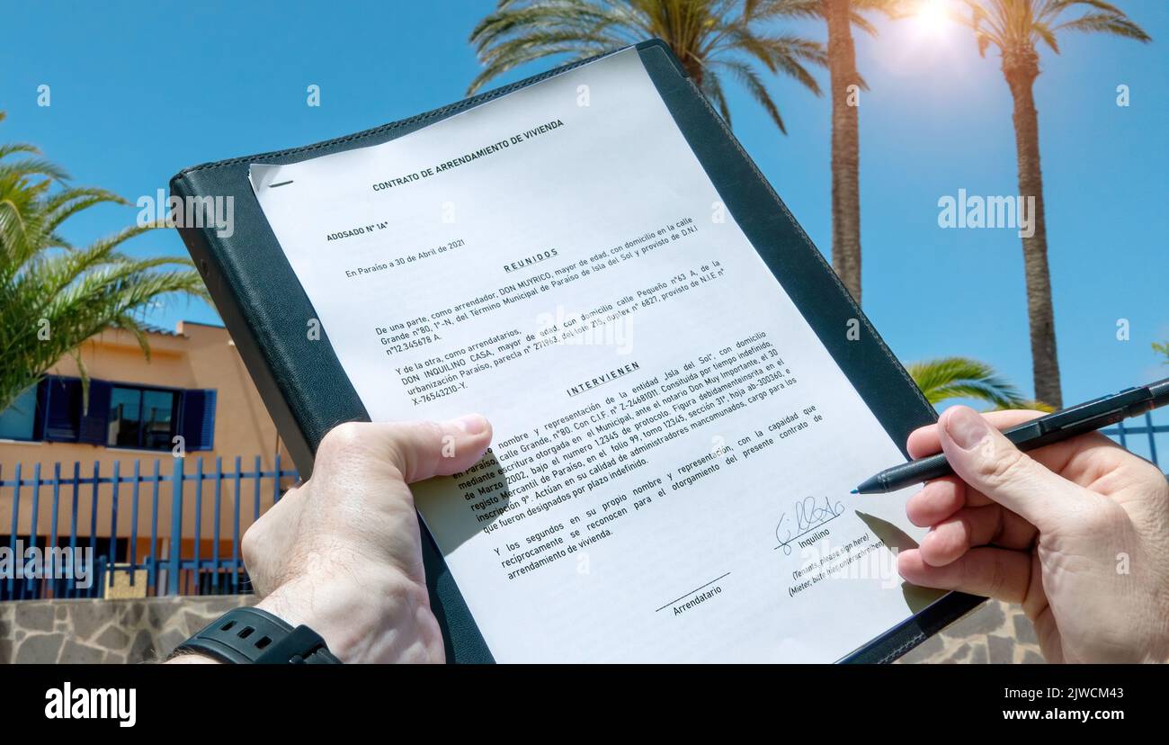 Contract (with fantasy names) for a property in southern resort area. Stock Photo