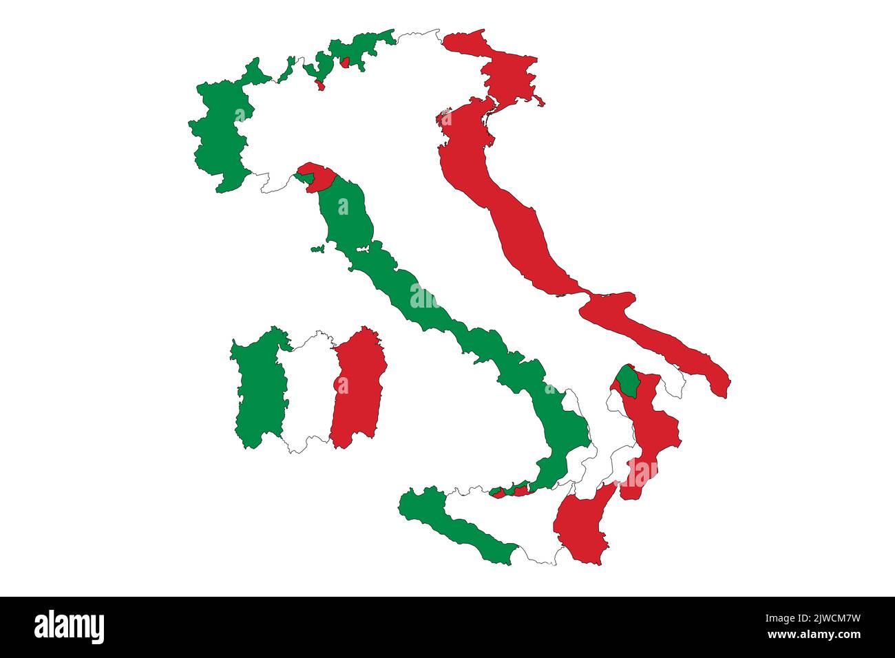 logo Italy: graphic illustration with three silhouettes of Italy, in the colors of the flag. Stock Photo