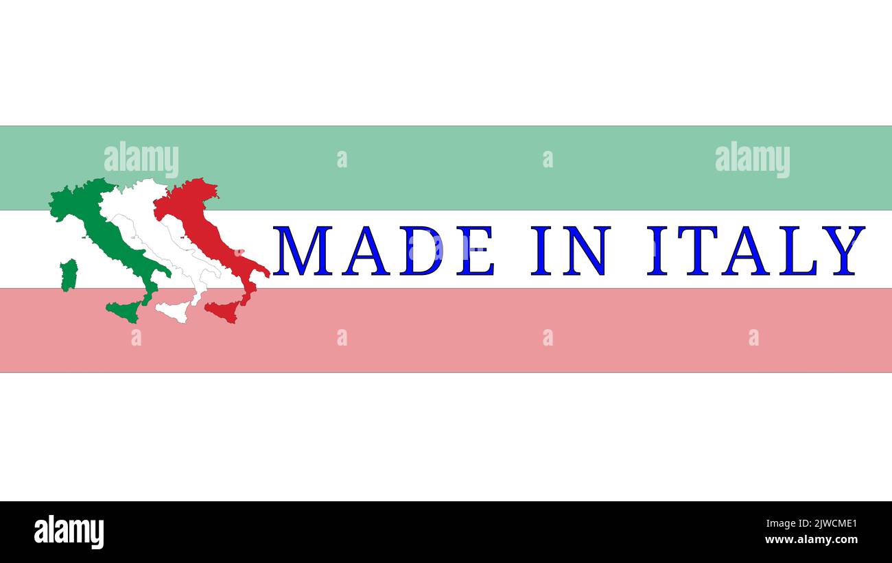 Italy logo: graphics of the Italian tricolor, made up of several shapes of Italy, one for each color. Background band shaded by the colors associated. Stock Photo