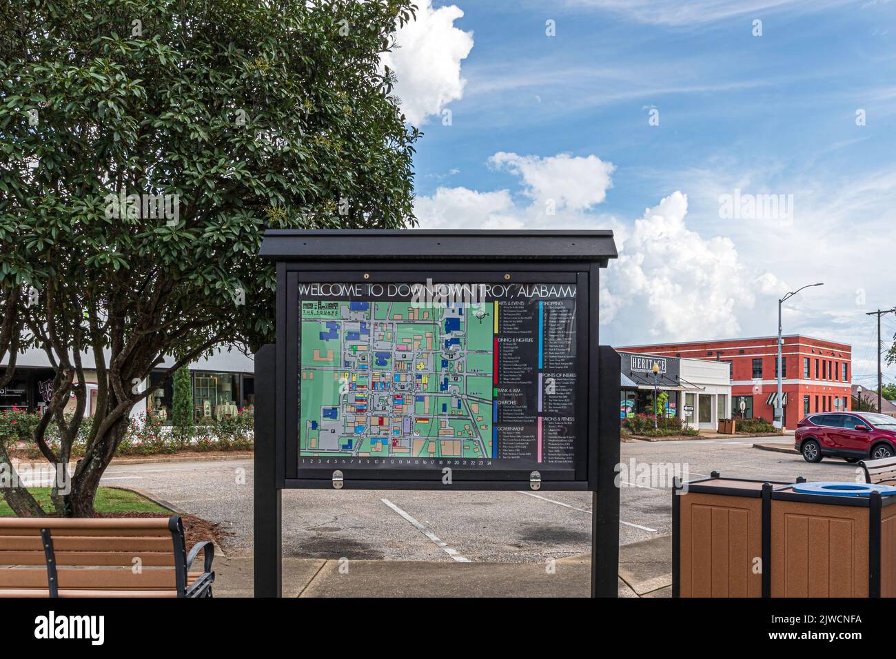 Troy, Alabama, USA - Sept. 3, 2022: Map of downtown Troy located in the town square in the historic district of Troy. Stock Photo