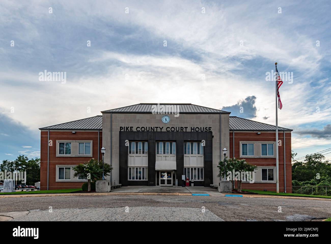 Troy, Alabama, USA - Sept. 3, 2022: View of the front entrance to the Pike County Courthouse with negative space. Stock Photo