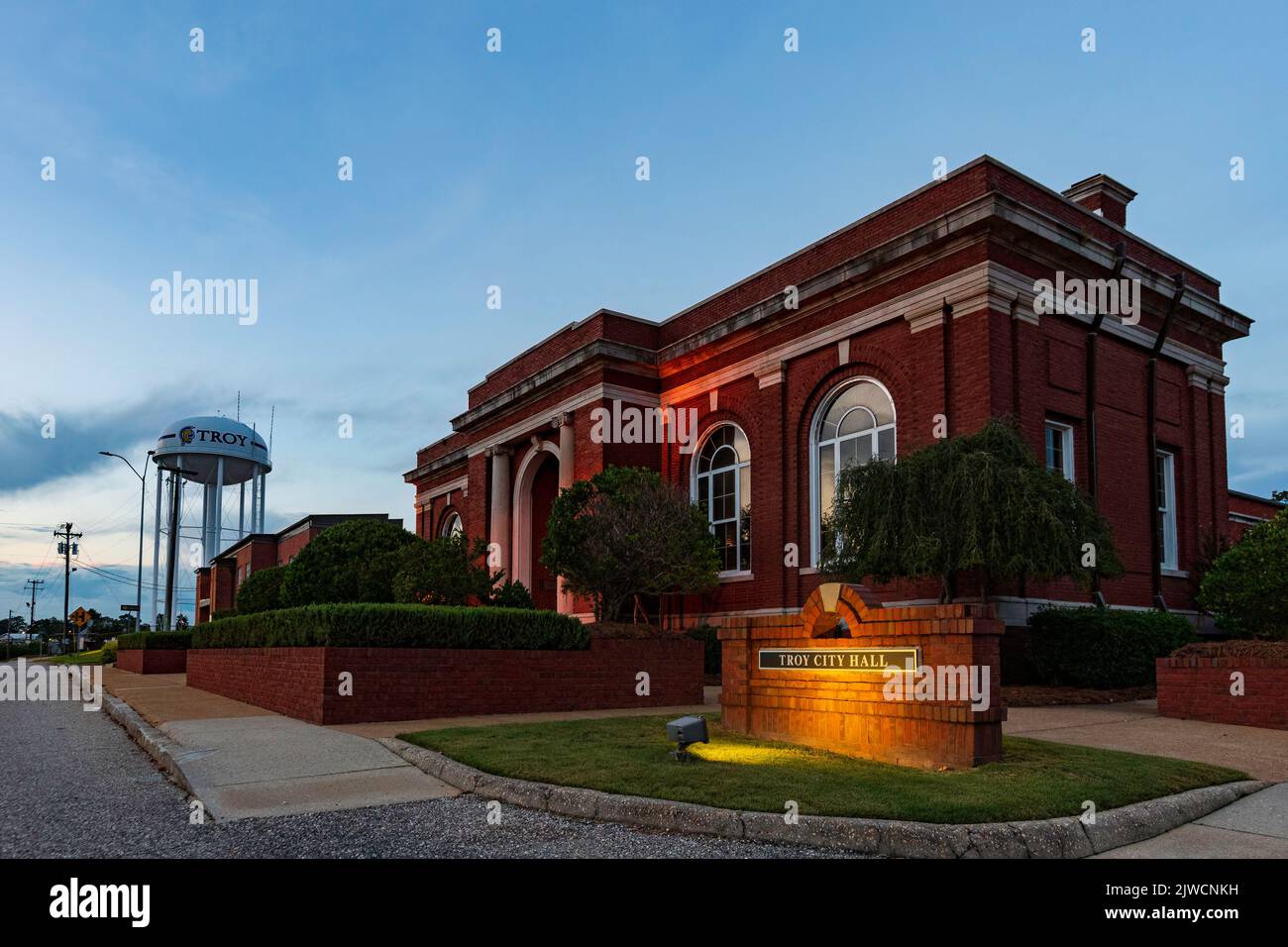 Troy, Alabama, USA Sept. 3, 2022 Troy City Hall illuminated during