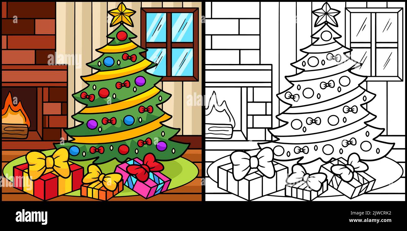Christmas Tree with Gifts Coloring Page Colored Stock Vector Image & Art - Alamy
