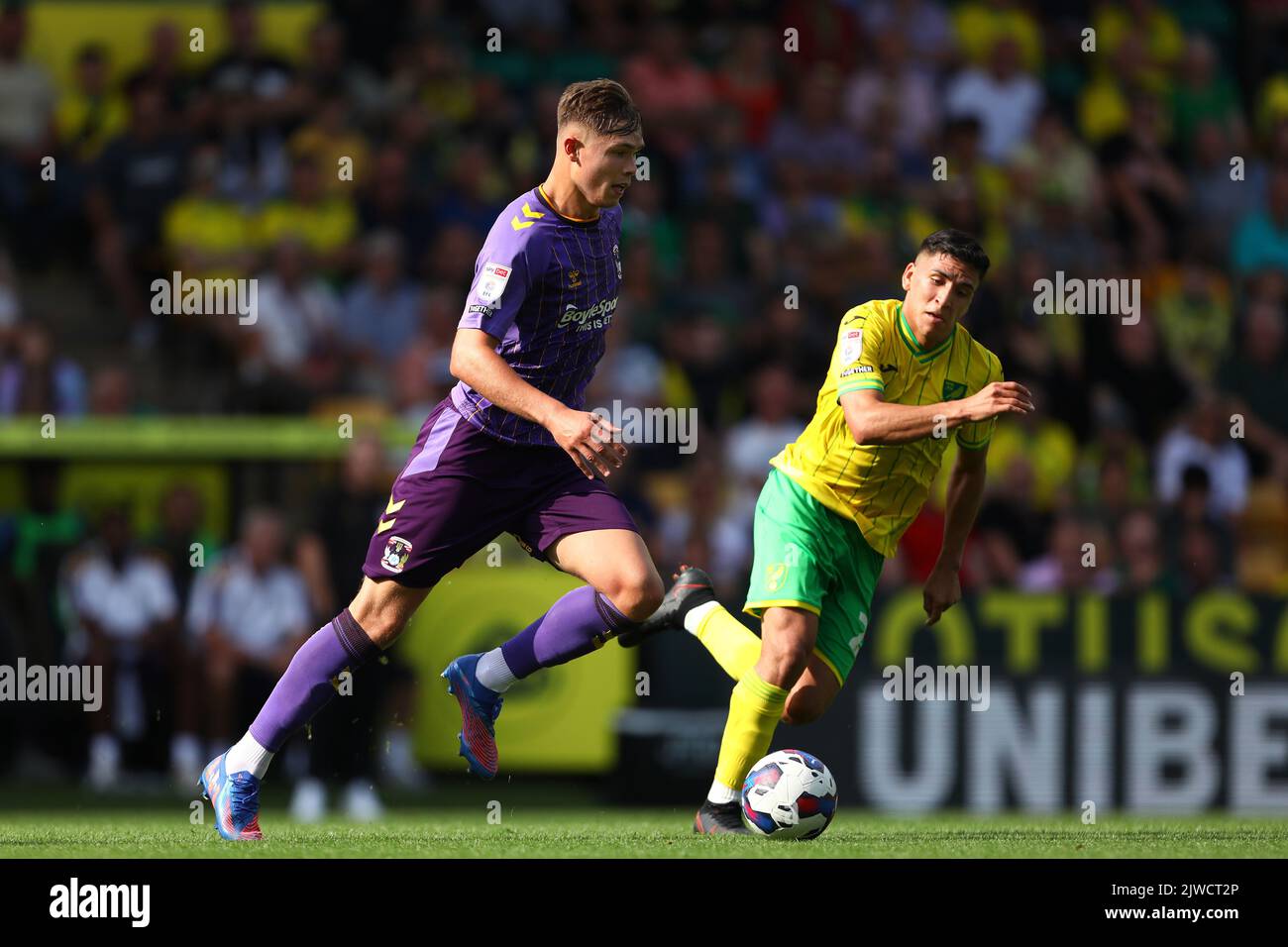 Callum Doyle of Coventry City and Marcelino Nunez of Norwich City - Norwich City v Coventry City, Sky Bet Championship, Carrow Road, Norwich, UK - 3rd September 2022  Editorial Use Only - DataCo restrictions apply Stock Photo