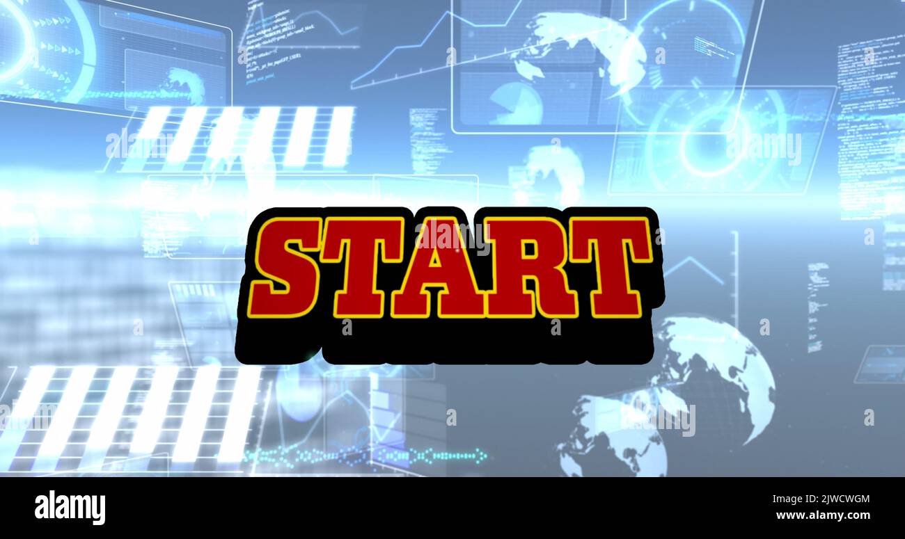 Image of start text and data processing on black background Stock Photo