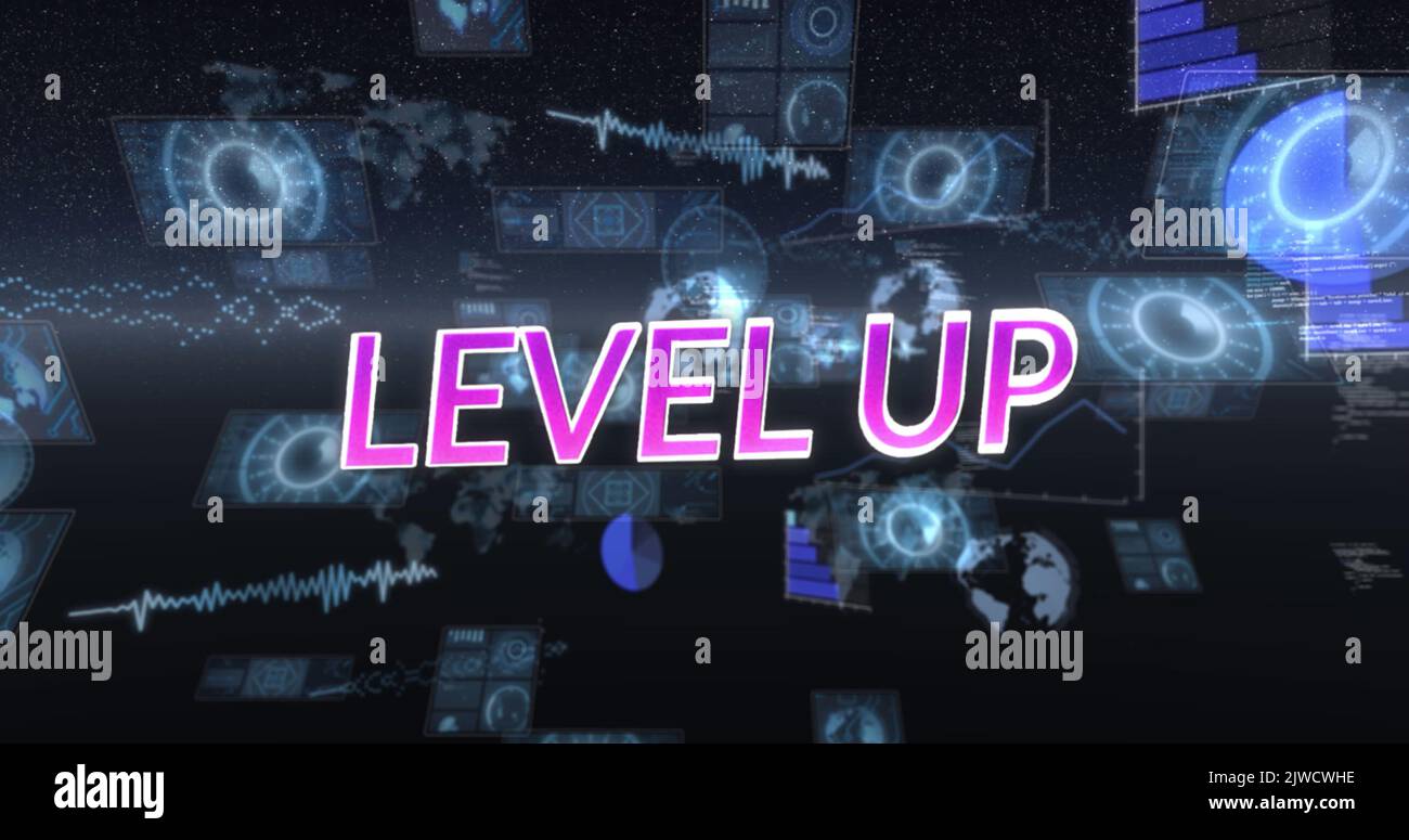 Image of level up text and data processing on black background Stock ...