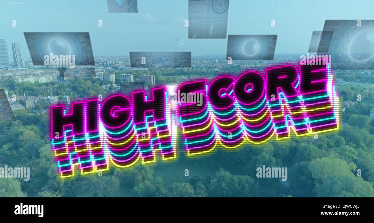 Image of high score text and data processing over cityscape Stock Photo