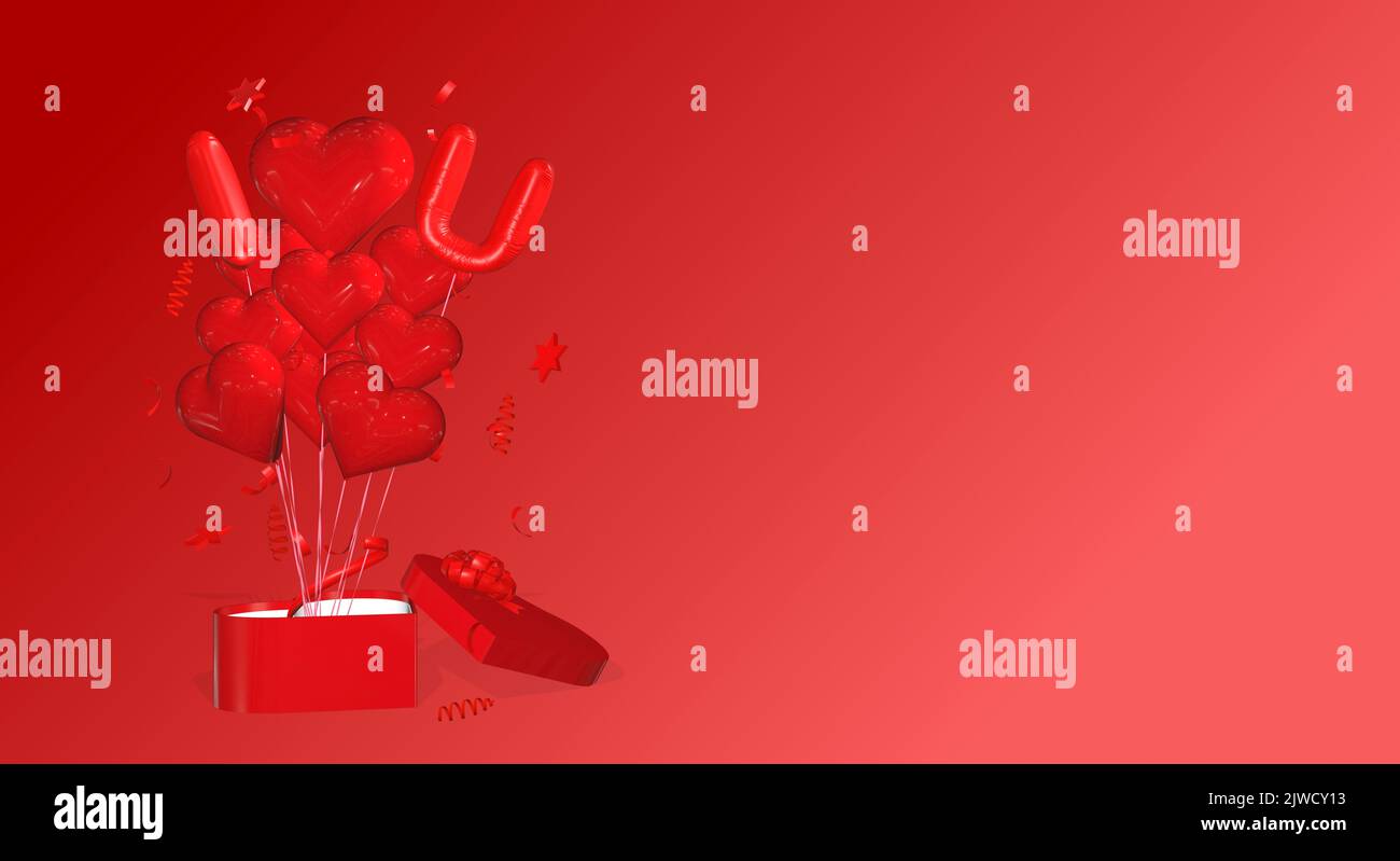 bunch of 3D rendered heart shaped balloons from a heart shaped gift box ...