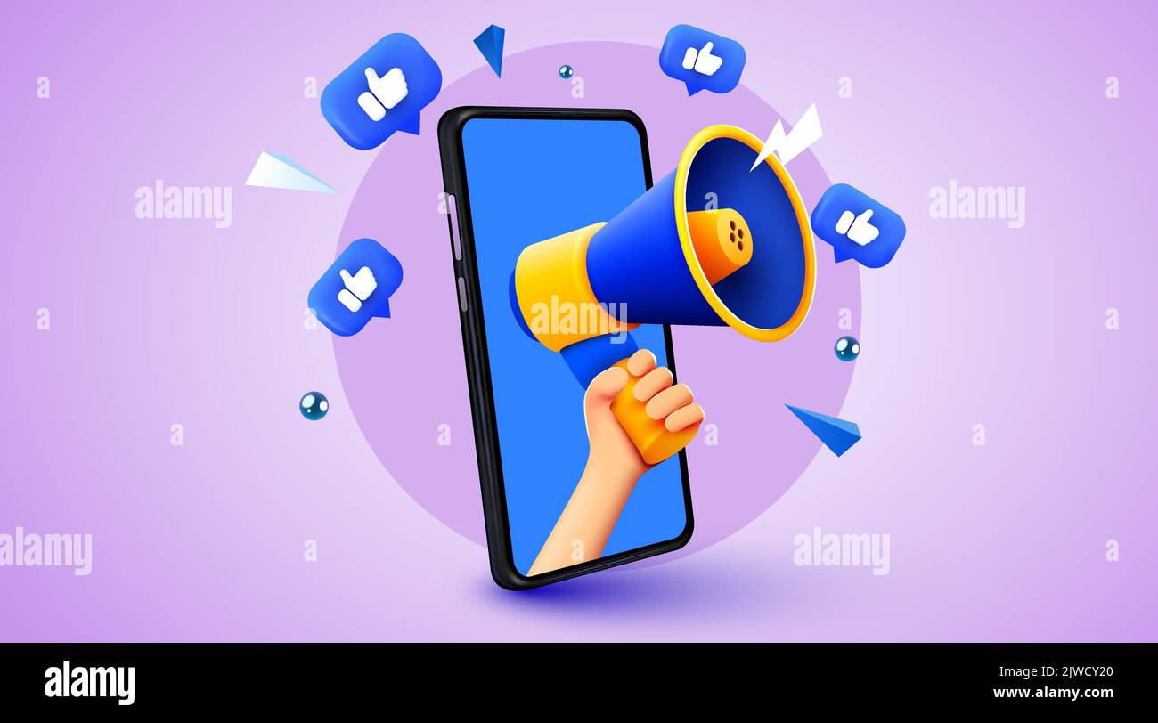 3d hand holding megaphone speaker in smartphone for announce. Mockup