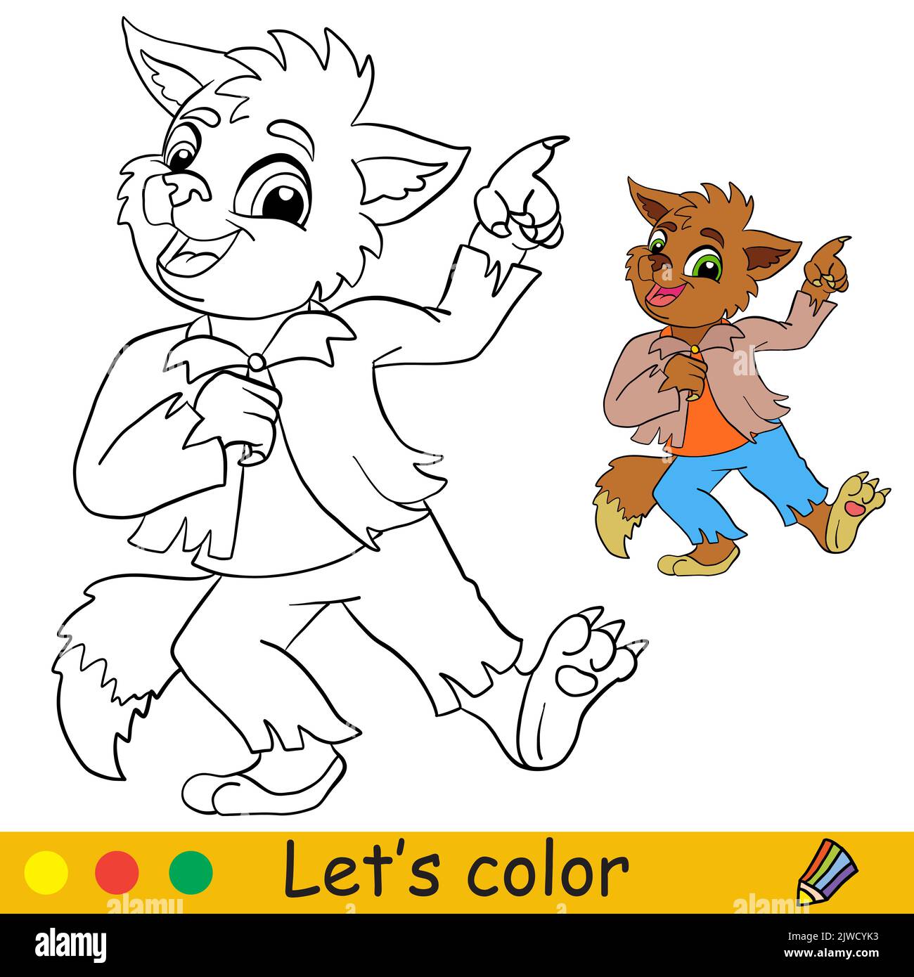 Cute little dancing werewolf. Halloween concept. Coloring book page for children with colorful template. Vector cartoon illustration. For print, presc Stock Vector