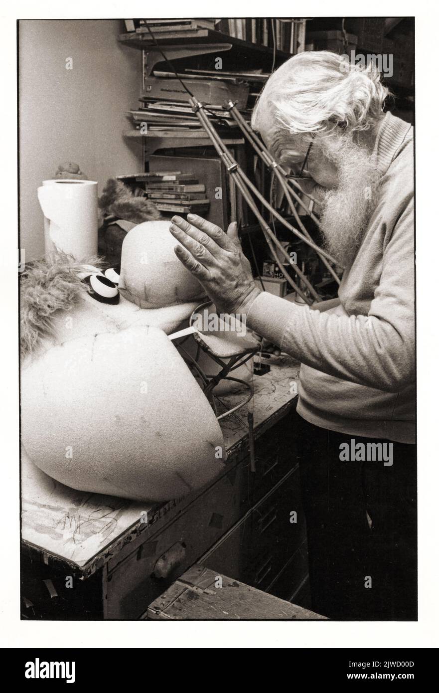 Legendary puppet builder, Kermit Love works on the head of a puppet for a foreign country's version of Sesame Street. 1978 in Greenwich Village, Manhattan, on Great Jones Street. Stock Photo