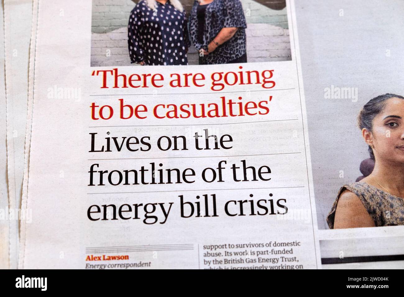 'There are going to be casualties' 'Lives on the frontline of the energy bill crisis' Guardian newspaper headline cost of living  27 August 2022 UK Stock Photo