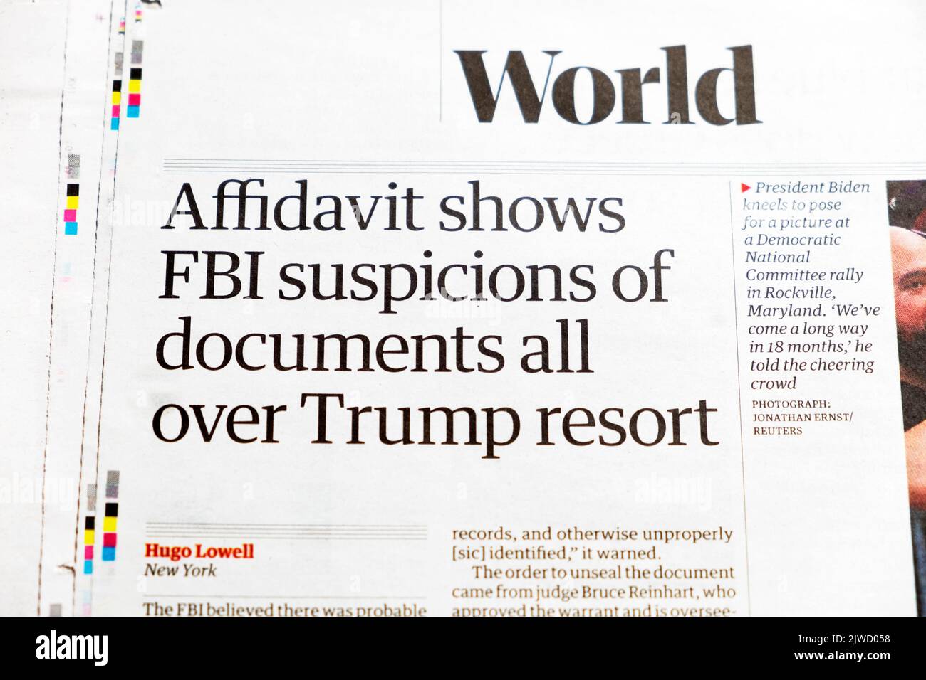 'Affadavit shows FBI suspicions of documents all over Trump resort' Guardian newspaper headline 27 August 2022 London UK Stock Photo