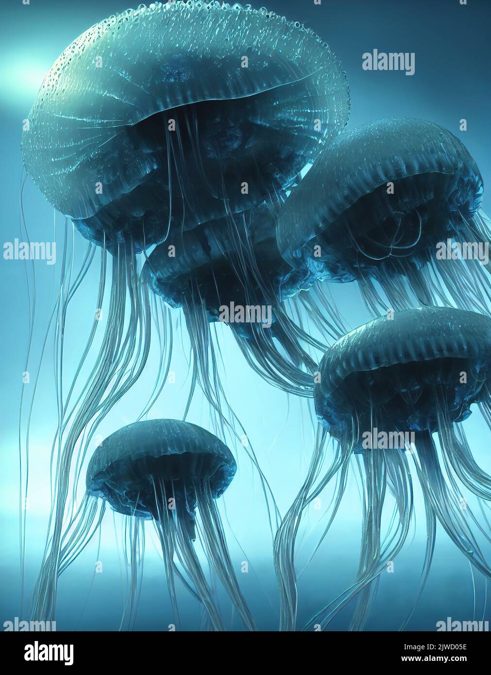 3d rendering of group of fantasy glowing jellyfish in deep sea waters Stock Photo