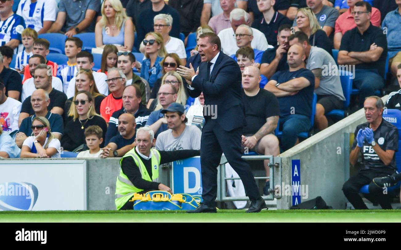 Leicester manager Brendan Rodgers during the Premier League match between Brighton and Hove Albion and Leicester City at the American Express Stadium  , Brighton , UK - 4th September 2022 Stock Photo