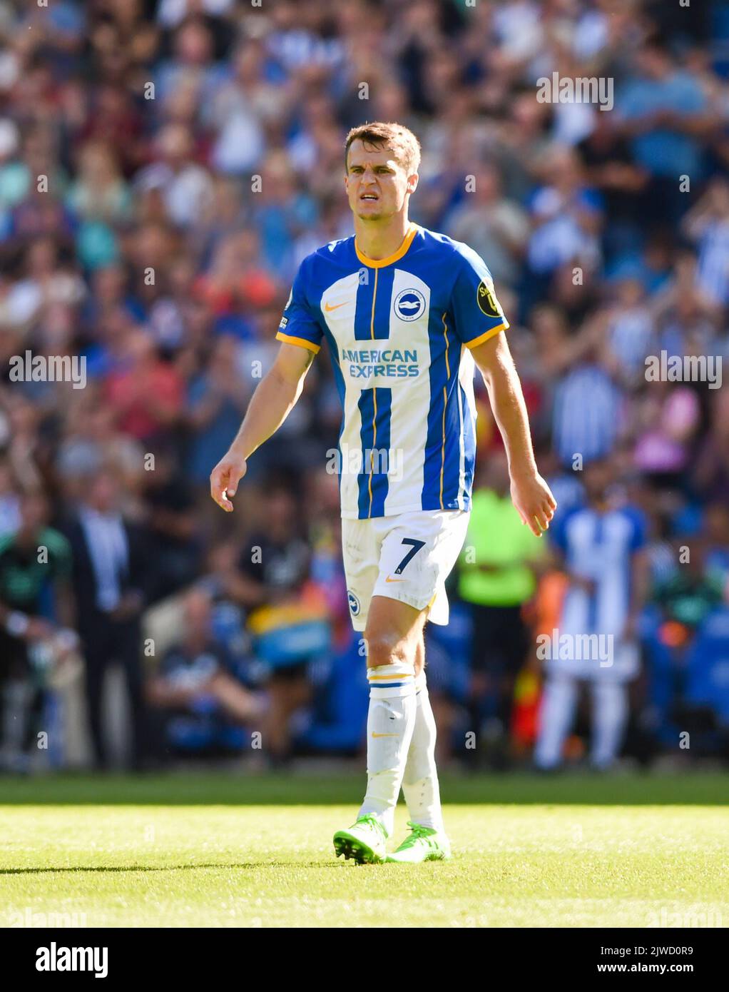 Solly March of Brighton during the Premier League match between Brighton and Hove Albion and Leicester City at the American Express Stadium , Brighton , UK - 4th September 2022 Editorial use only. No merchandising. For Football images FA and Premier League restrictions apply inc. no internet/mobile usage without FAPL license - for details contact Football Dataco Stock Photo