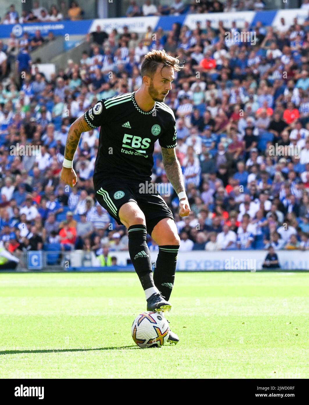 James Maddison of Leicester during the Premier League match between Brighton and Hove Albion and Leicester City at the American Express Stadium  , Brighton , UK - 4th September 2022 Editorial use only. No merchandising. For Football images FA and Premier League restrictions apply inc. no internet/mobile usage without FAPL license - for details contact Football Dataco Stock Photo