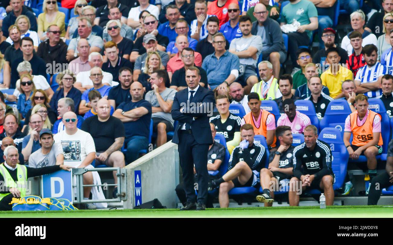 Leicester manager Brendan Rodgers during the Premier League match between Brighton and Hove Albion and Leicester City at the American Express Stadium  , Brighton , UK - 4th September 2022 Editorial use only. No merchandising. For Football images FA and Premier League restrictions apply inc. no internet/mobile usage without FAPL license - for details contact Football Dataco Stock Photo