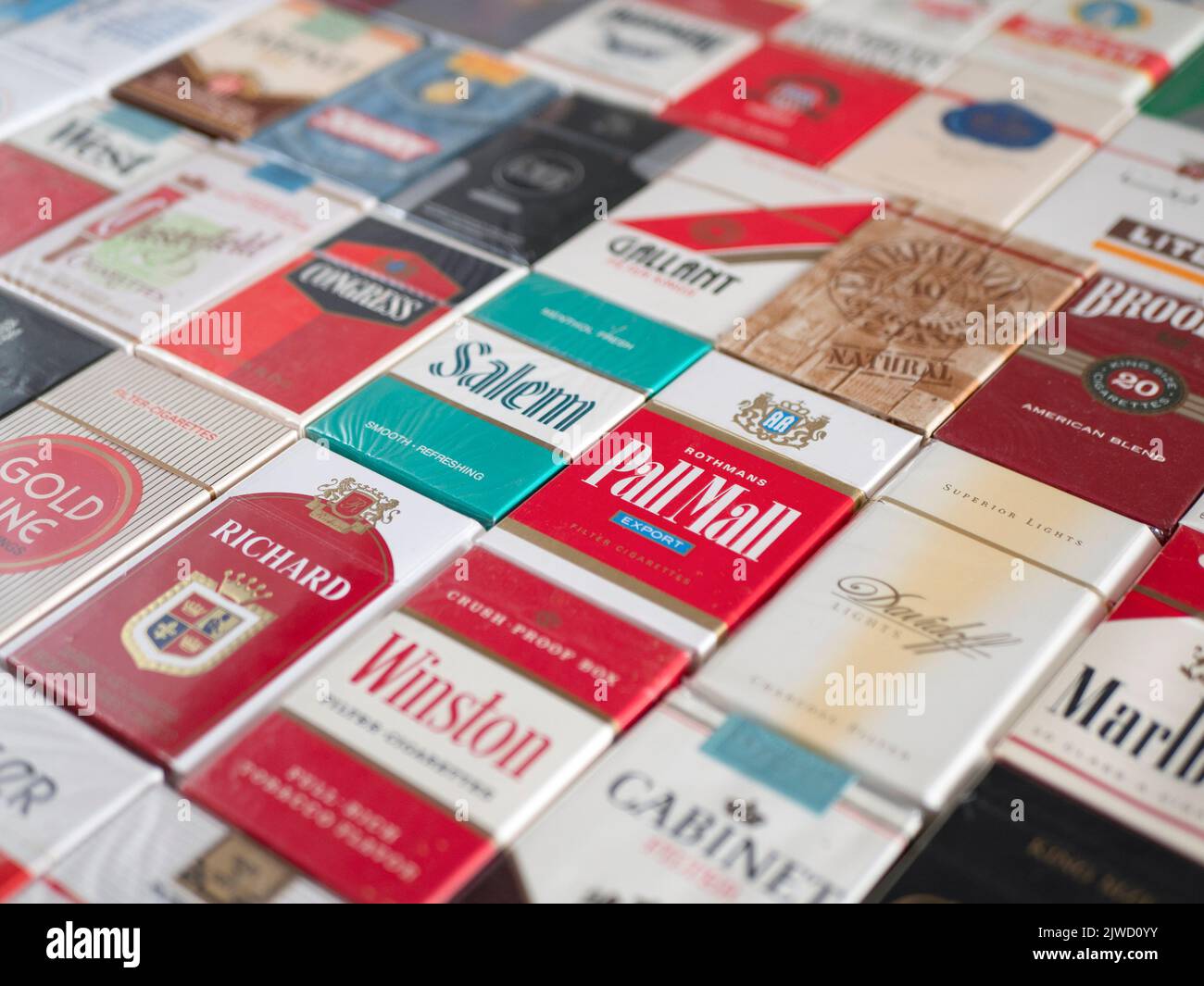 Soligorsk, Belarus - 5 September 2022: Many different packs of cigarettes, selective focus Stock Photo