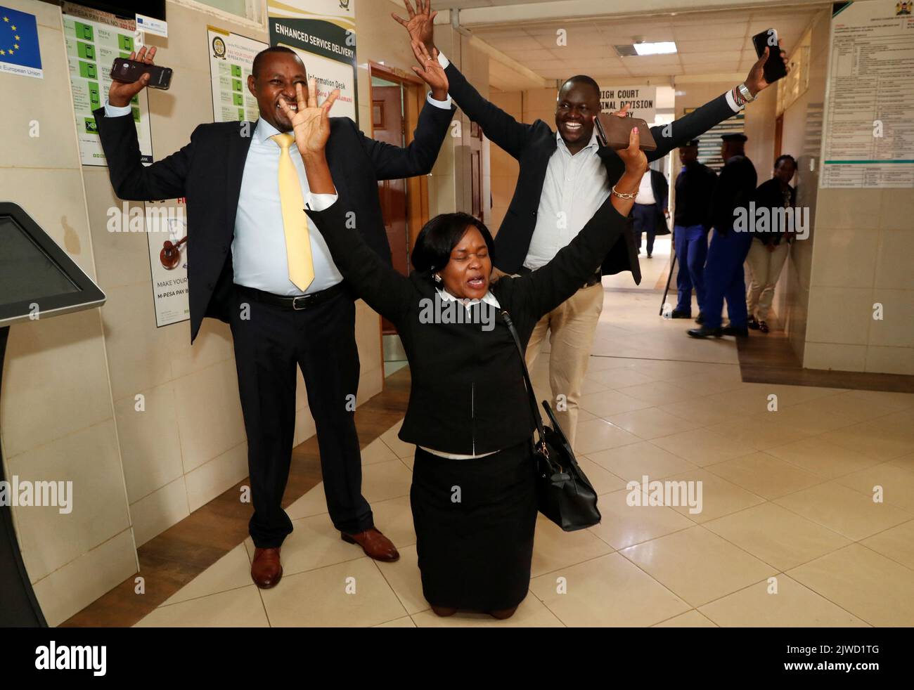 Kenyan President-elect William Ruto's legal team celebrates the outcome on the day of the ruling on a petition seeking to invalidate the outcome of the recent presidential election, at the Supreme Court in Nairobi, Kenya September 5, 2022. REUTERS/Thomas Mukoya Stock Photo