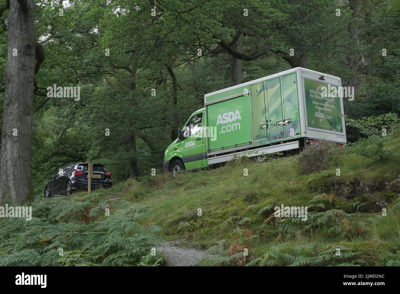 An Asda Delivery Van driving through woods, Lake District National Park, Ullswater, Cumbria, England, United Kingdom Stock Photo