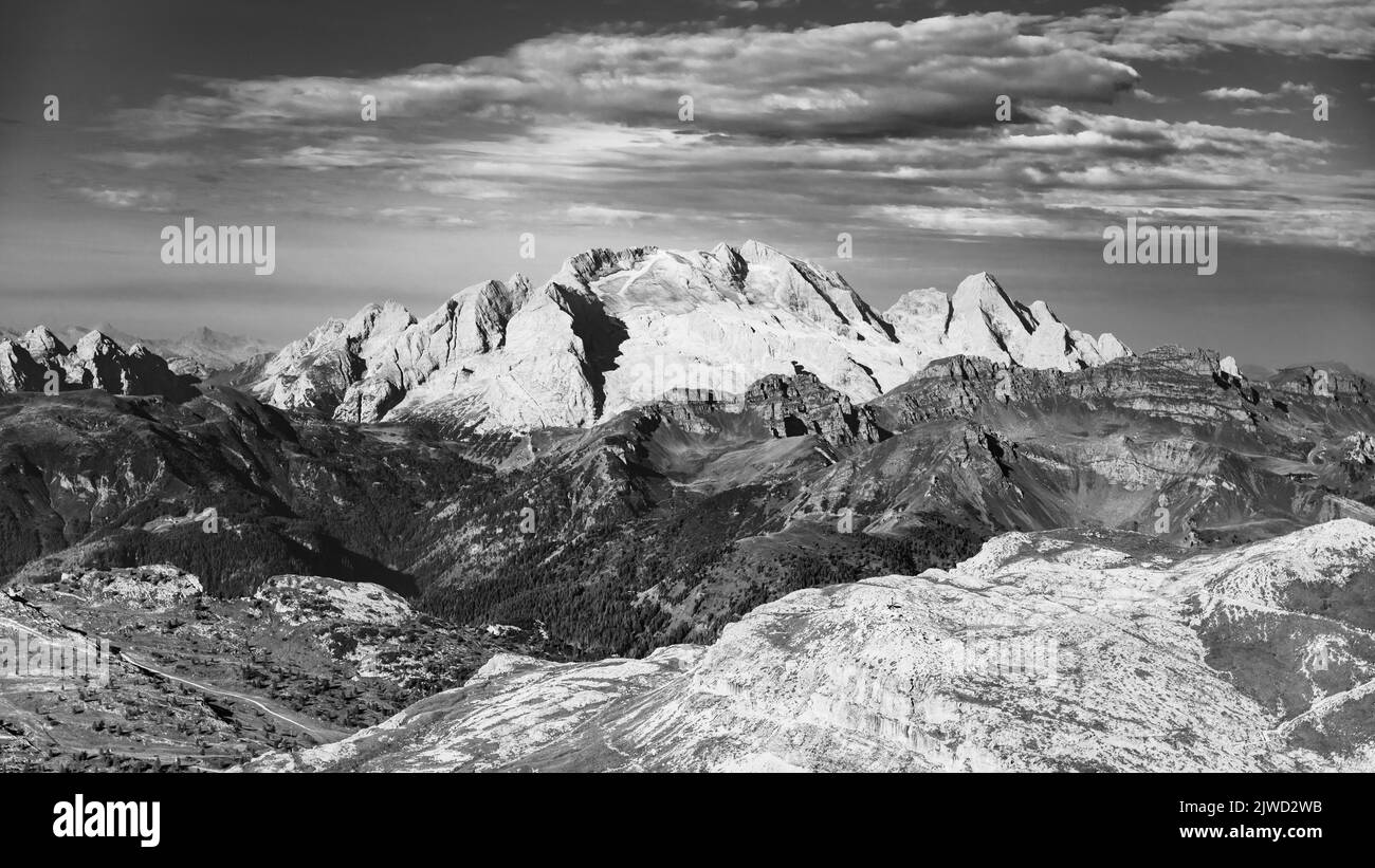 Panorama of Marmolada mountain with glacier Stock Photo