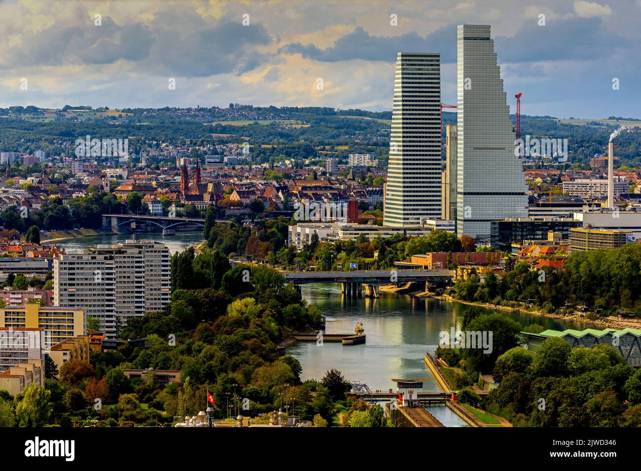 Basel skyline changed dramatically with building the Roche Towers, the highest buildings in Switzerland. Stock Photo