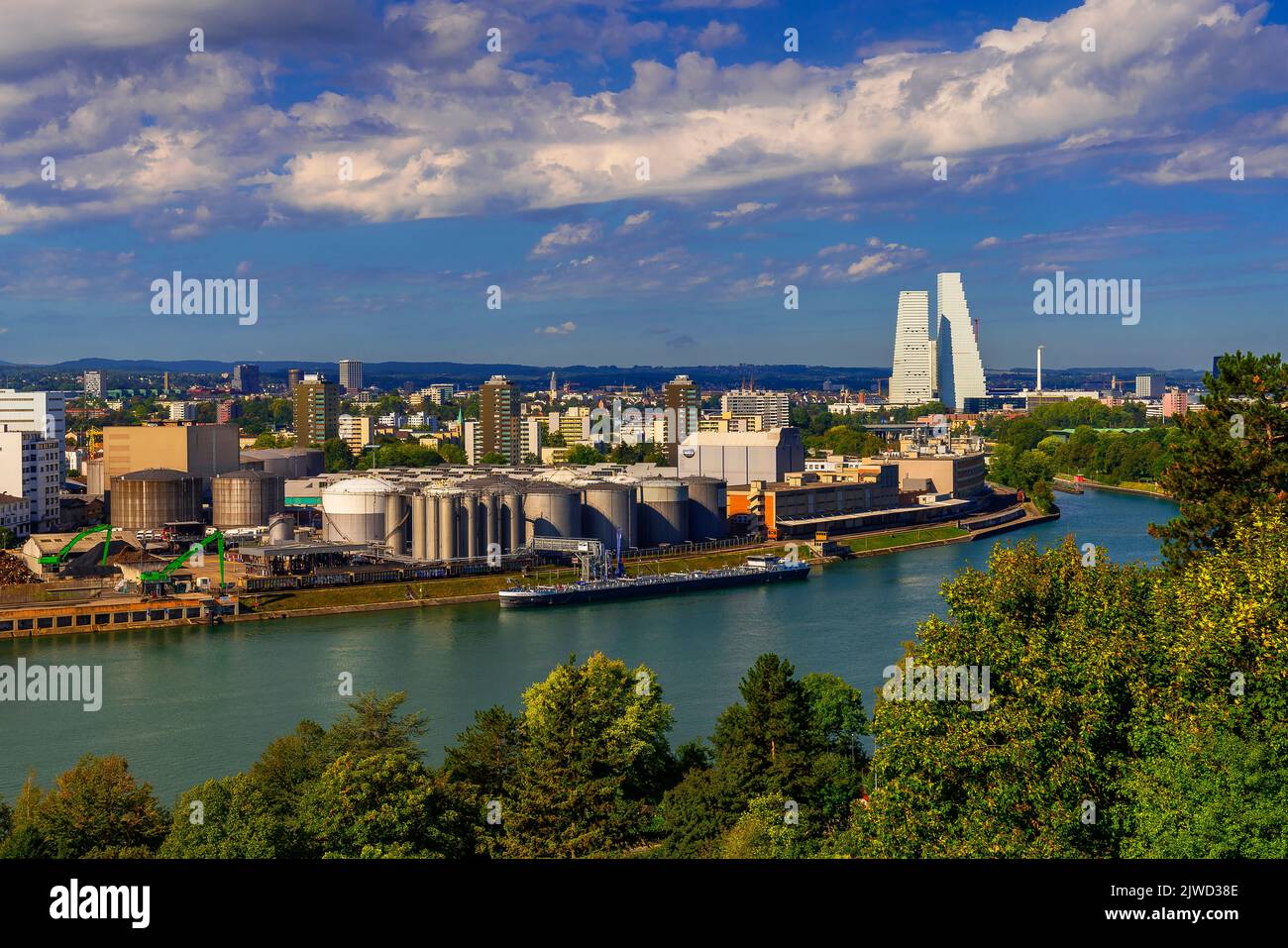 Basel skyline changed dramatically with building the Roche Towers, the highest buildings in Switzerland. Stock Photo