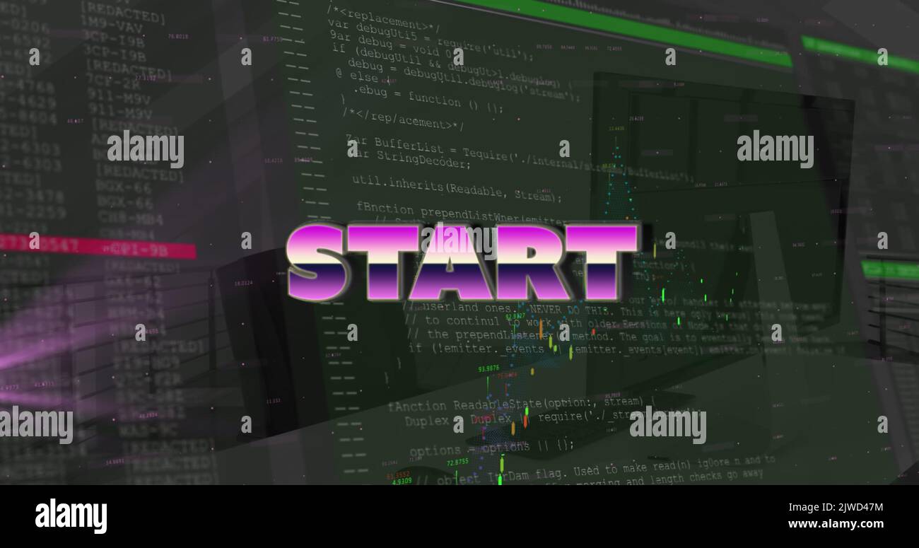 Image of start text and data processing over office Stock Photo