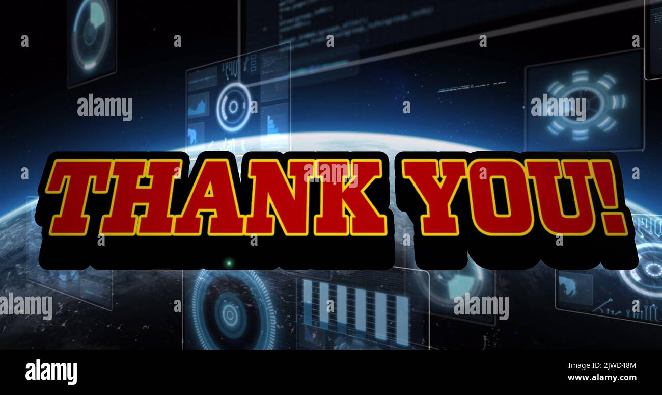 Image of thank you text and data processing with globe on black ...