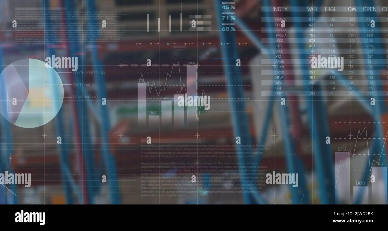 Image of financial data and graphs over warehouse Stock Photo