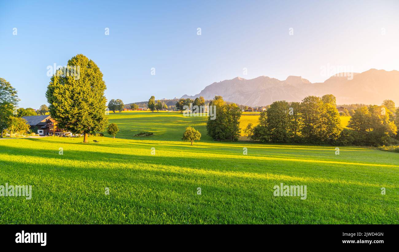 Panoramic view of Dachstein Mountain Group from Ramsau Stock Photo