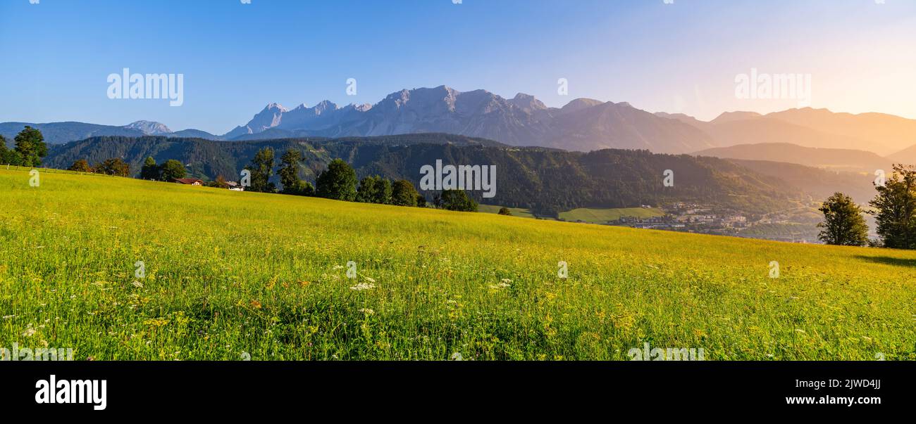 Panoramic view of Dachstein Mountain Group from Schladming Stock Photo