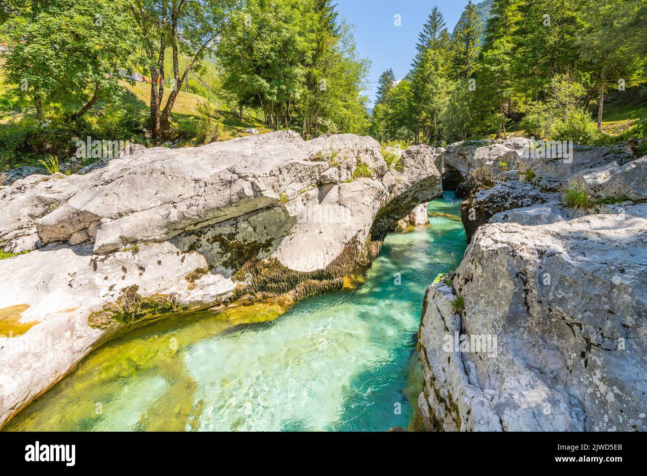 Clear water of Soca River at Small Soca Gorge Stock Photo