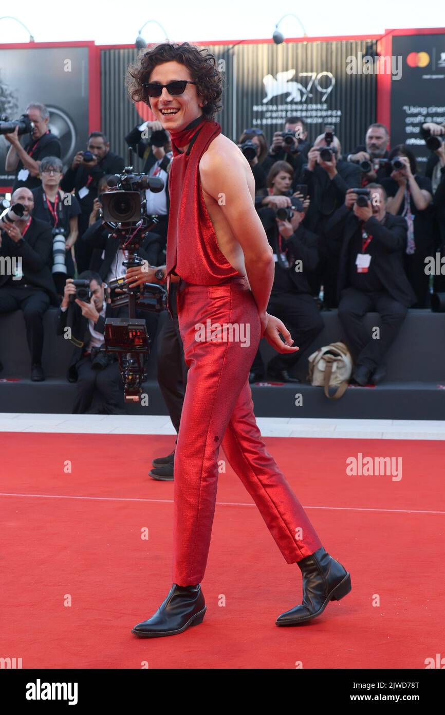 VENICE, ITALY - SEPTEMBER 02: Timothee Chalamet attends 'Bones and all' Red Carpet during 72nd Venice Film Festival at Palazzo Del Cinema on September Stock Photo