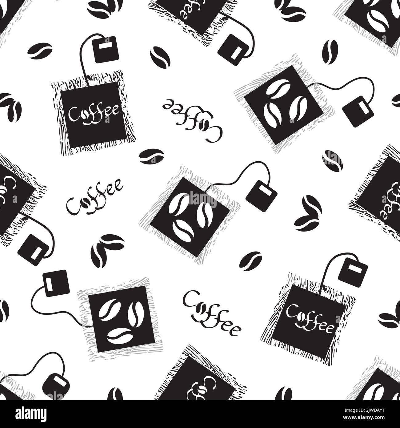 Coffee bag and beans vector seamless pattern background. Black white backdrop with disposable freshly brewed sachets of lattes, americanos. Grunge Stock Vector
