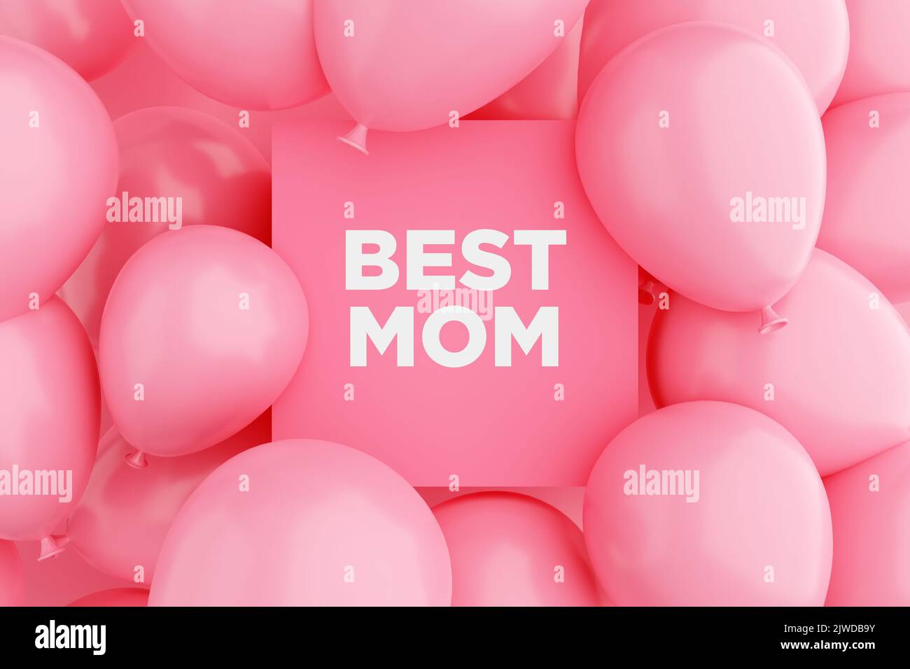 Pink sign frame with the message BEST MOM surrounded with pink air balloons. Happy mother's day congratulation concept. 3D rendering. Stock Photo