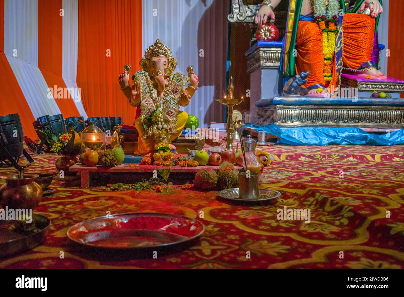 A beautiful idol of Lord Ganesha being worshipped at a mandal in Mumbai