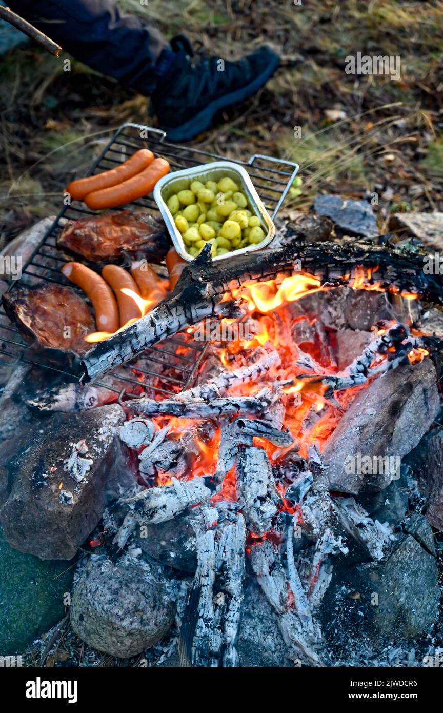 campfire with meat sausage and potatoes over orange glow Stock Photo