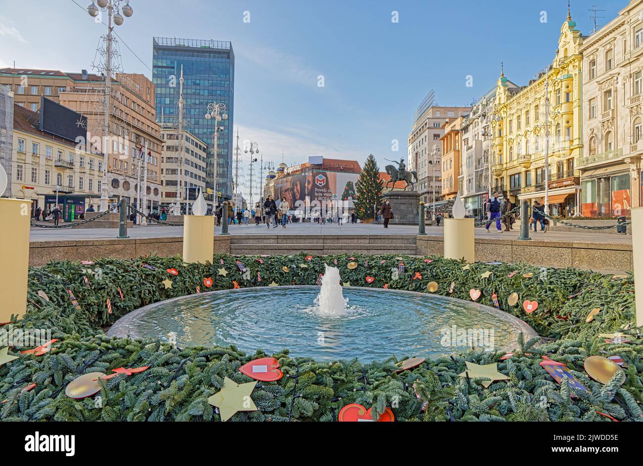 Decorated fountain Mandusevac for the New Year in Zagreb Stock Photo