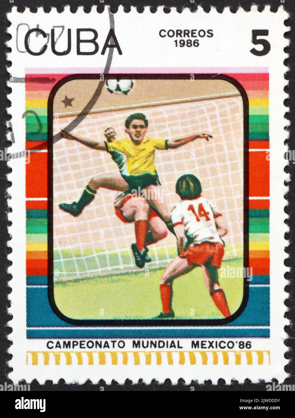 CUBA - CIRCA 1986: a stamp printed in Cuba shows soccer players in action, 1986 World Cup Soccer Championships, Mexico, circa 1986 Stock Photo